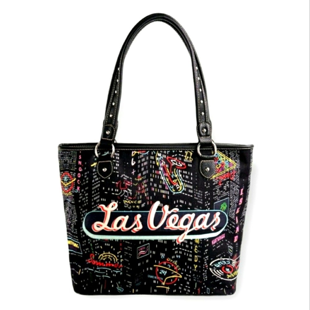 Montana West Las Vegas Sin City Black Canvas Shoulder Bag Tote Travel Bag NWT